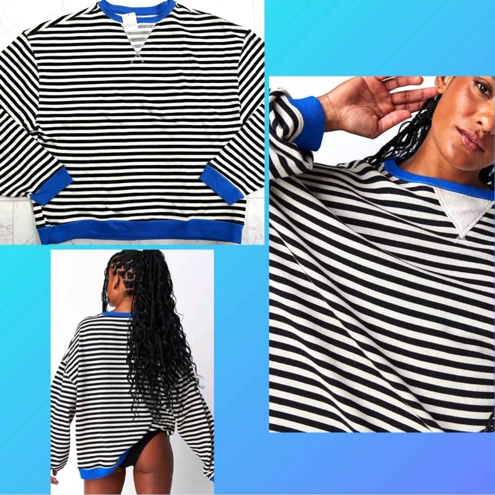 Free People Black and White Striped Long Sleeve Tee